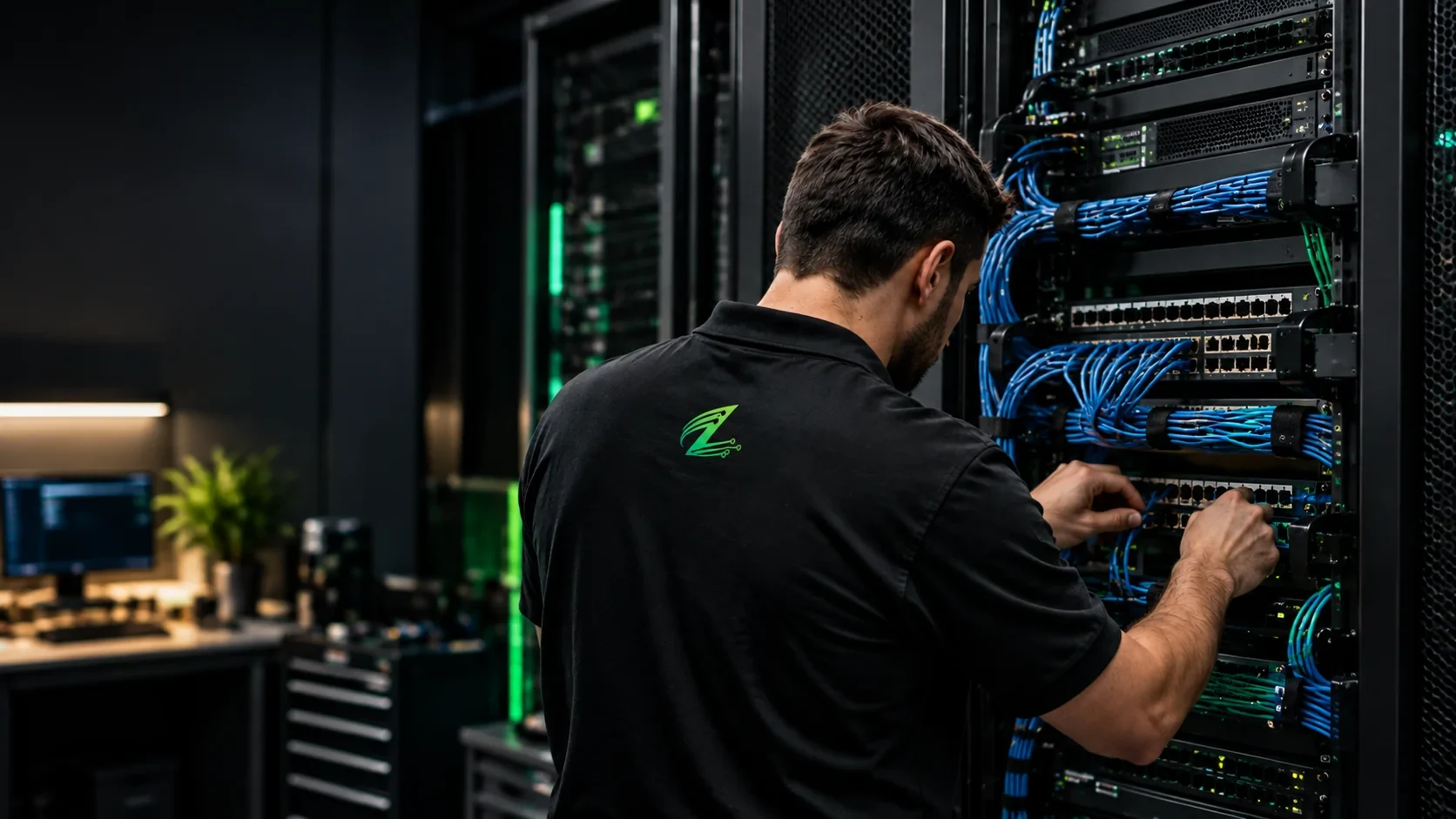 Técnico de TI trabalhando com atenção em um rack de rede