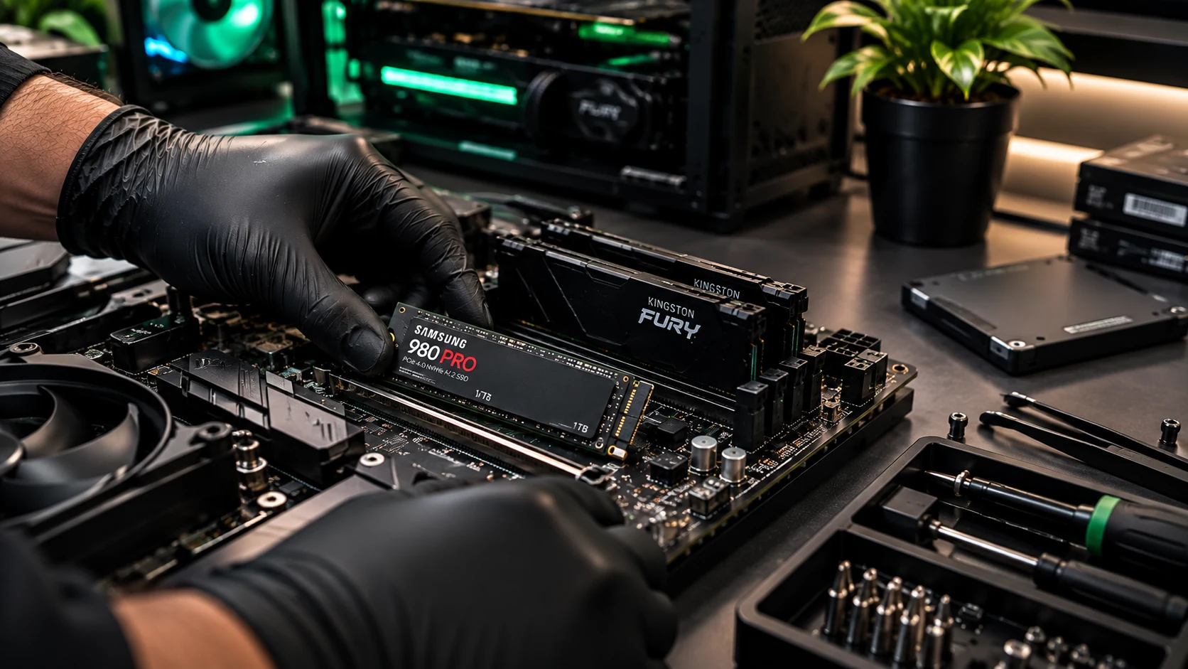 Instalação de SSD M.2 em uma placa-mãe durante um upgrade de computador